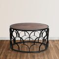 32 Inch Round Coffee Table, Mango Wood Top, Lattice Cut Out Metal Frame, Brown, Black Walnut Black Metal & Wood