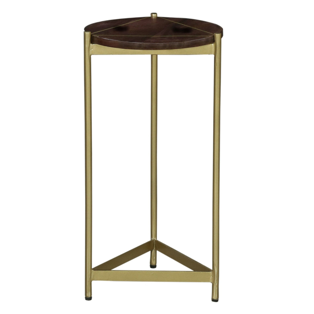 Brita 12 Inch Cocktail Accent Table, Round Wood Top, Triangular Gold Base, Brown, Brass Golden White Metal & Wood
