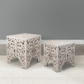 Wooden End Table With Floral Cut Out Design, Set Of 2, Antique White White Solid Wood