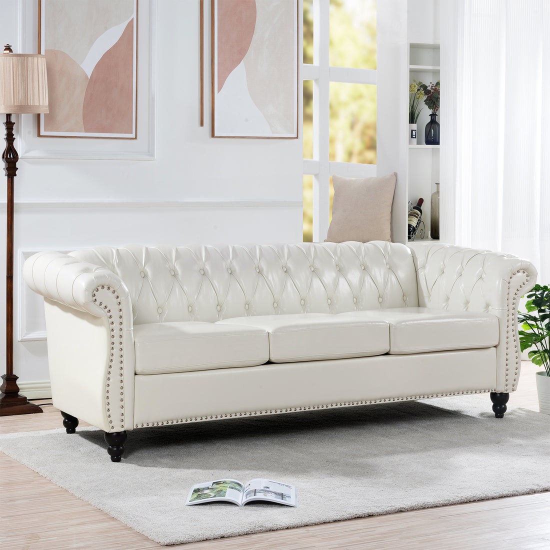 84.65" Rolled Arm Chesterfield 3 Seater Sofa White Foam Pu