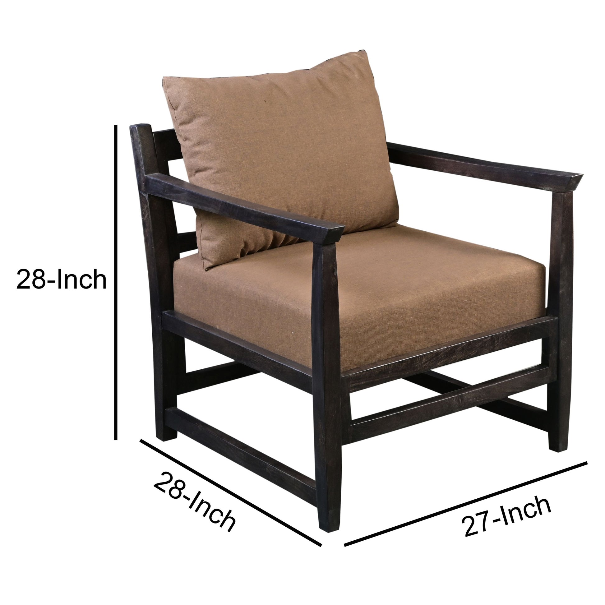 Malibu 27 Inch Handcrafted Mango Wood Accent Chair, Fabric, Pillow Back, Open Frame, Brown Brown Solid Wood