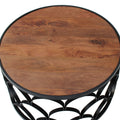 32 Inch Round Coffee Table, Mango Wood Top, Lattice Cut Out Metal Frame, Brown, Black Walnut Black Metal & Wood