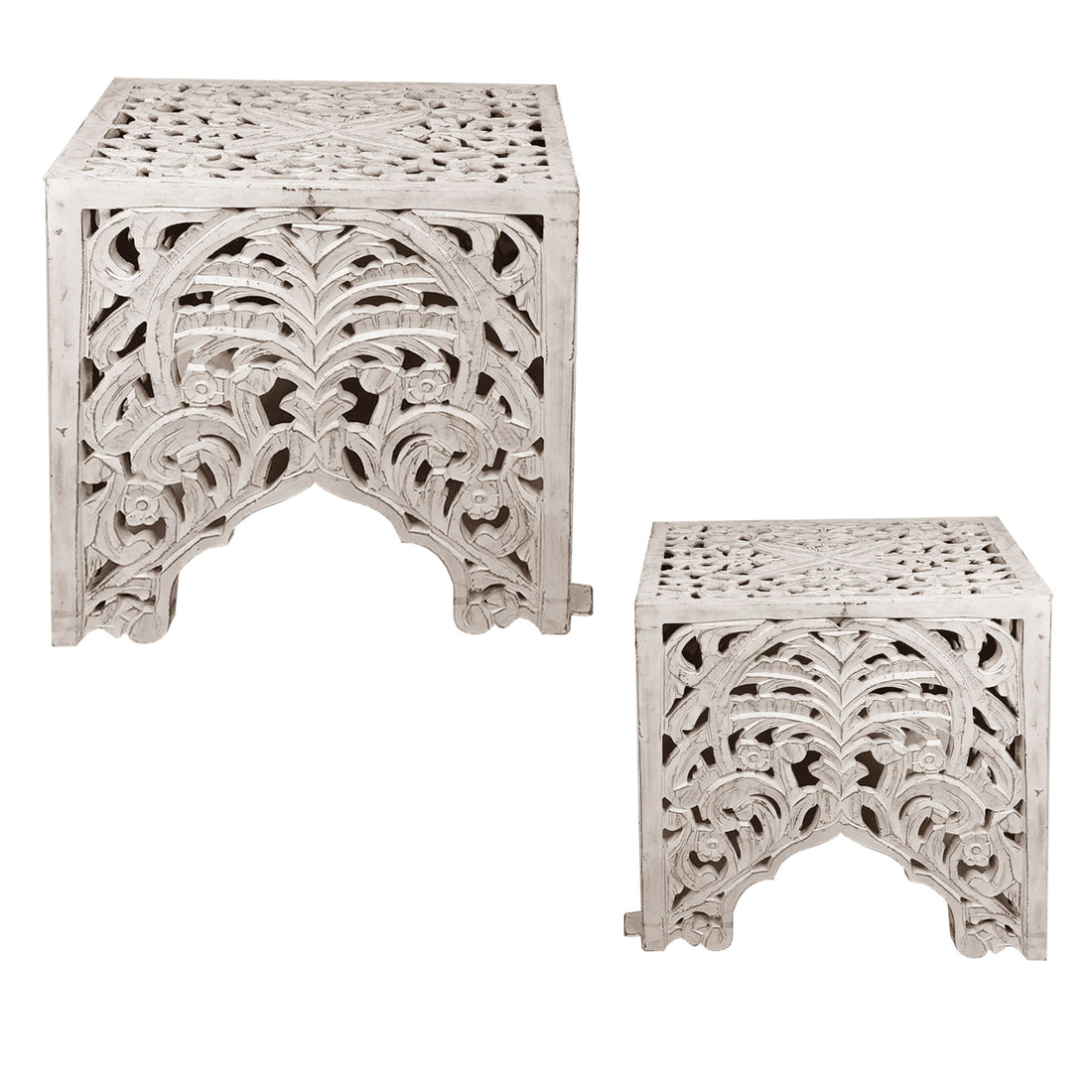 Wooden End Table With Floral Cut Out Design, Set Of 2, Antique White White Solid Wood
