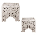 Wooden End Table With Floral Cut Out Design, Set Of 2, Antique White White Solid Wood