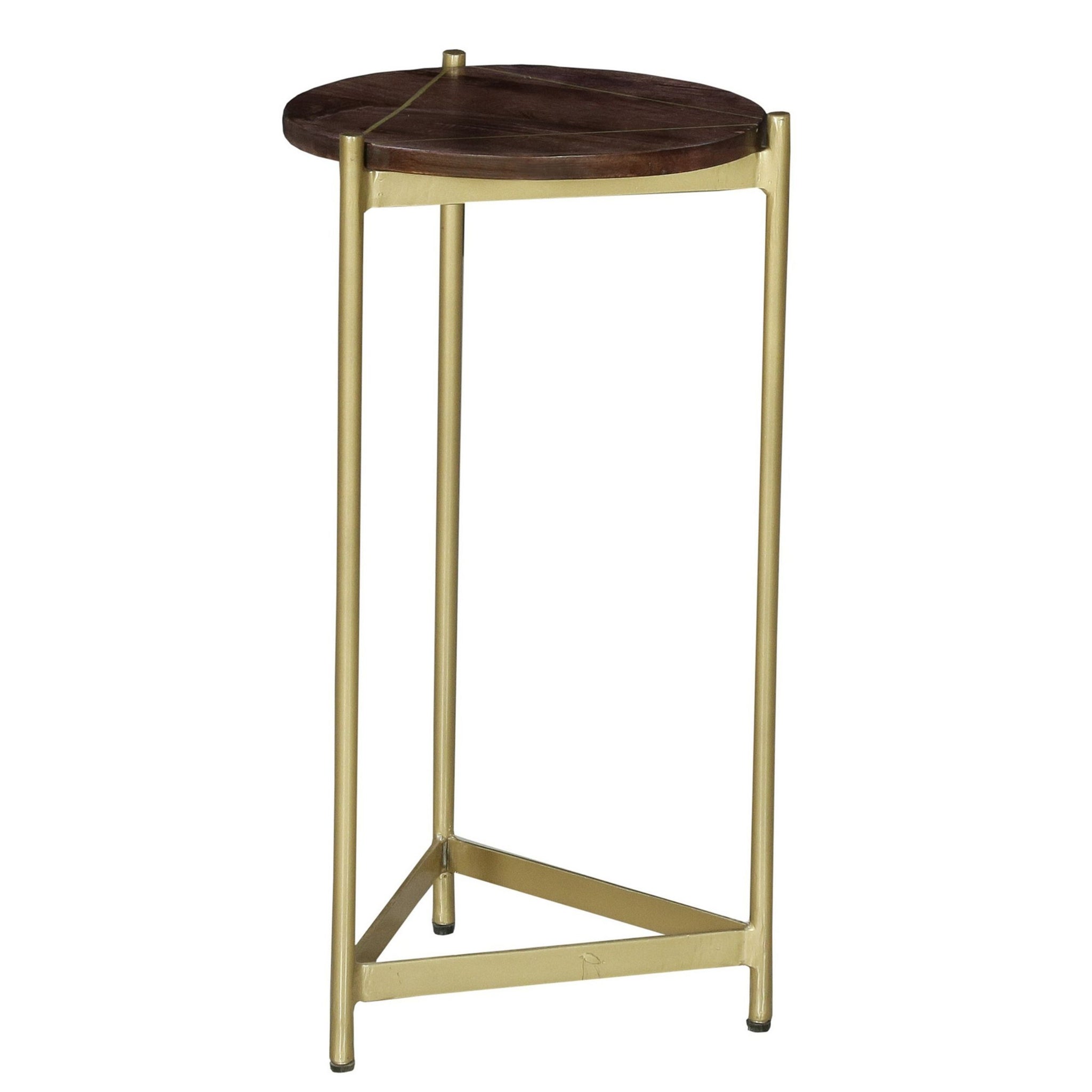 Brita 12 Inch Cocktail Accent Table, Round Wood Top, Triangular Gold Base, Brown, Brass Golden White Metal & Wood