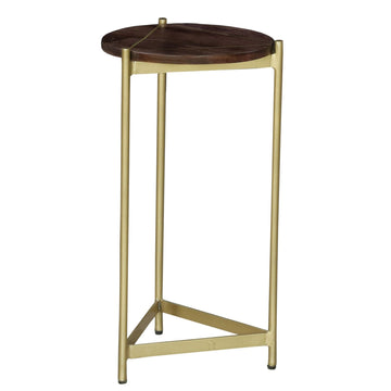 Brita 12 Inch Cocktail Accent Table, Round Wood Top, Triangular Gold Base, Brown, Brass Golden White Metal & Wood