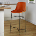 Bar Height Chair With Genuine Leather Upholstery, Tubular Frame, Tan Brown, Black Walnut Black Iron