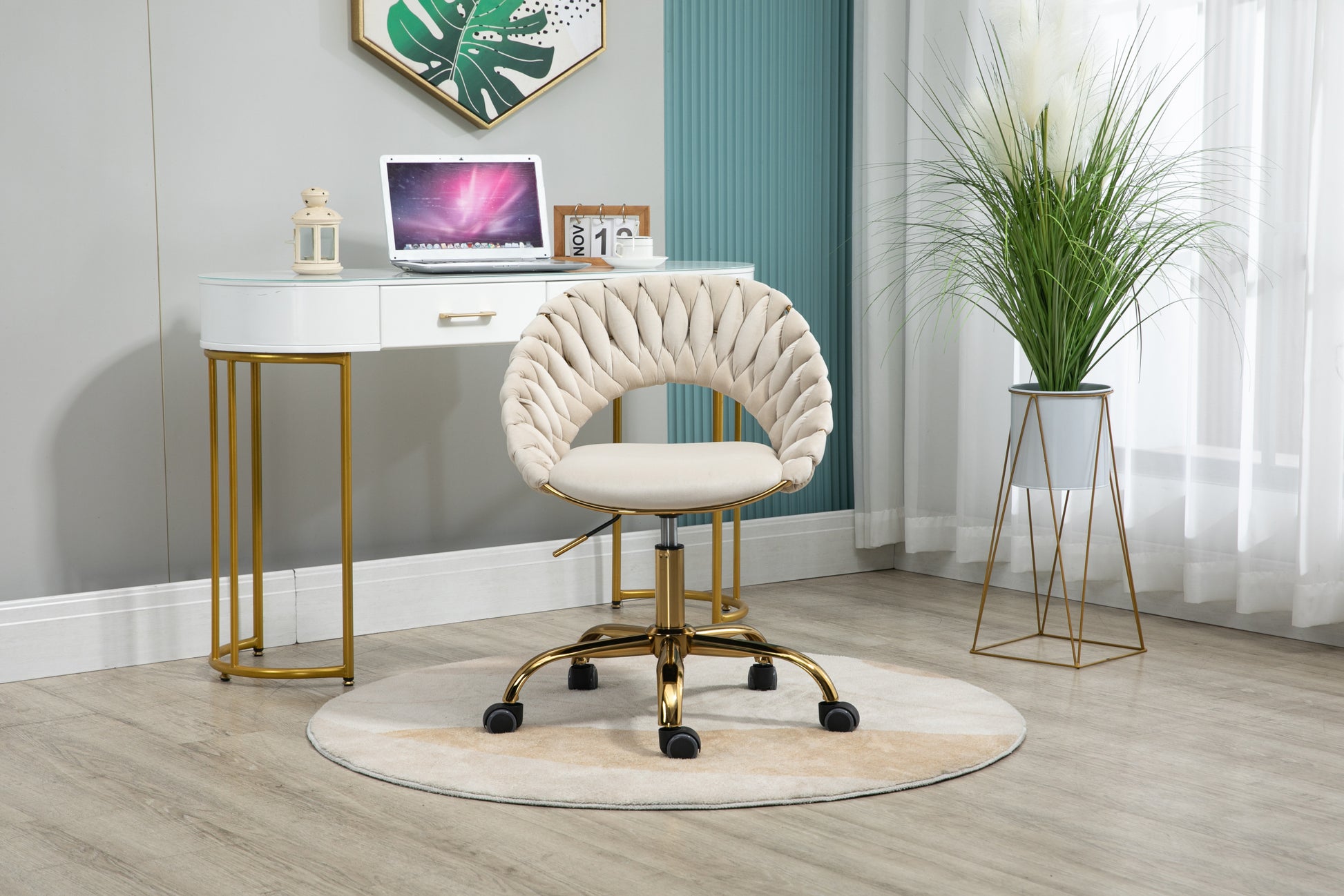 Coolmore Computer Chair Office Chair Adjustable Swivel Chair Fabric Seat Home Study Chair Ivory Polyester