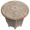 Mesh Cut Out Carved Mango Wood Octagonal Folding Table With Round Top, Antique White And Brown Brown White Solid Wood