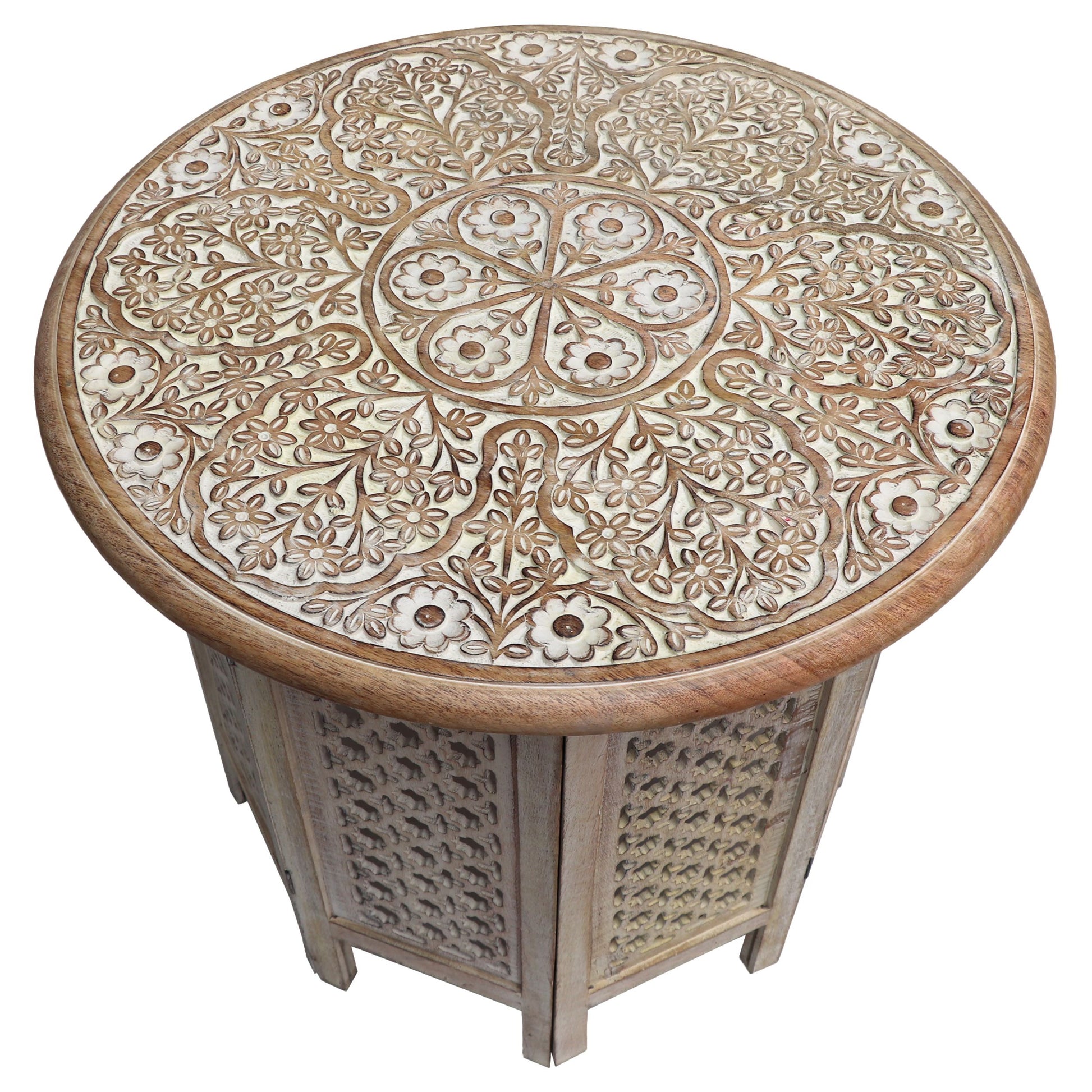 Mesh Cut Out Carved Mango Wood Octagonal Folding Table With Round Top, Antique White And Brown Brown White Solid Wood