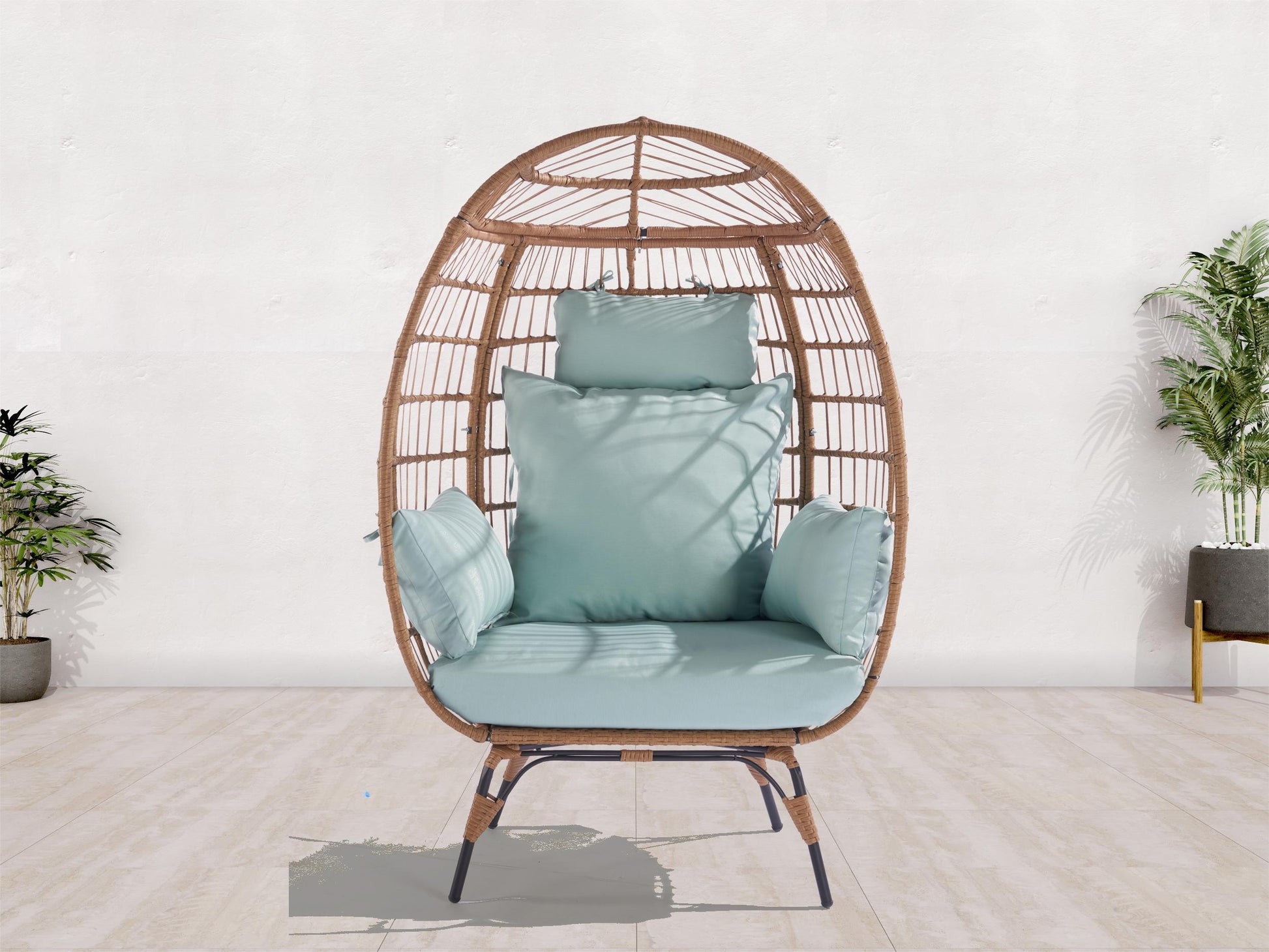 Wicker Egg Chair, Oversized Indoor Outdoor Lounger For Patio, Backyard, Living Room W 5 Cushions, Steel Frame, Light Blue Yes Complete Patio Set Blue Uv Resistant Frame Water Resistant Cushion Garden & Outdoor American Design Complete Patio Sets
