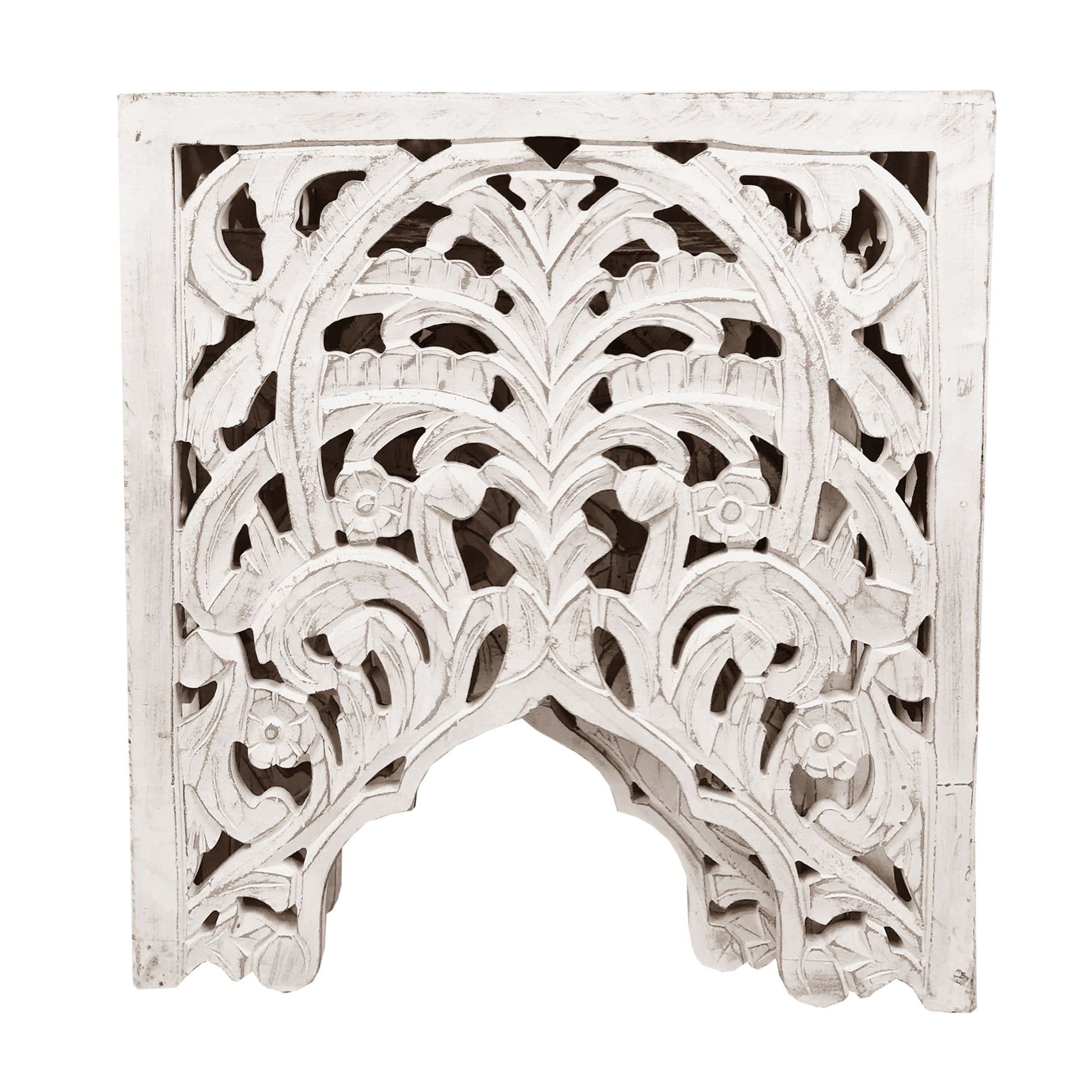 Wooden End Table With Floral Cut Out Design, Set Of 2, Antique White White Solid Wood