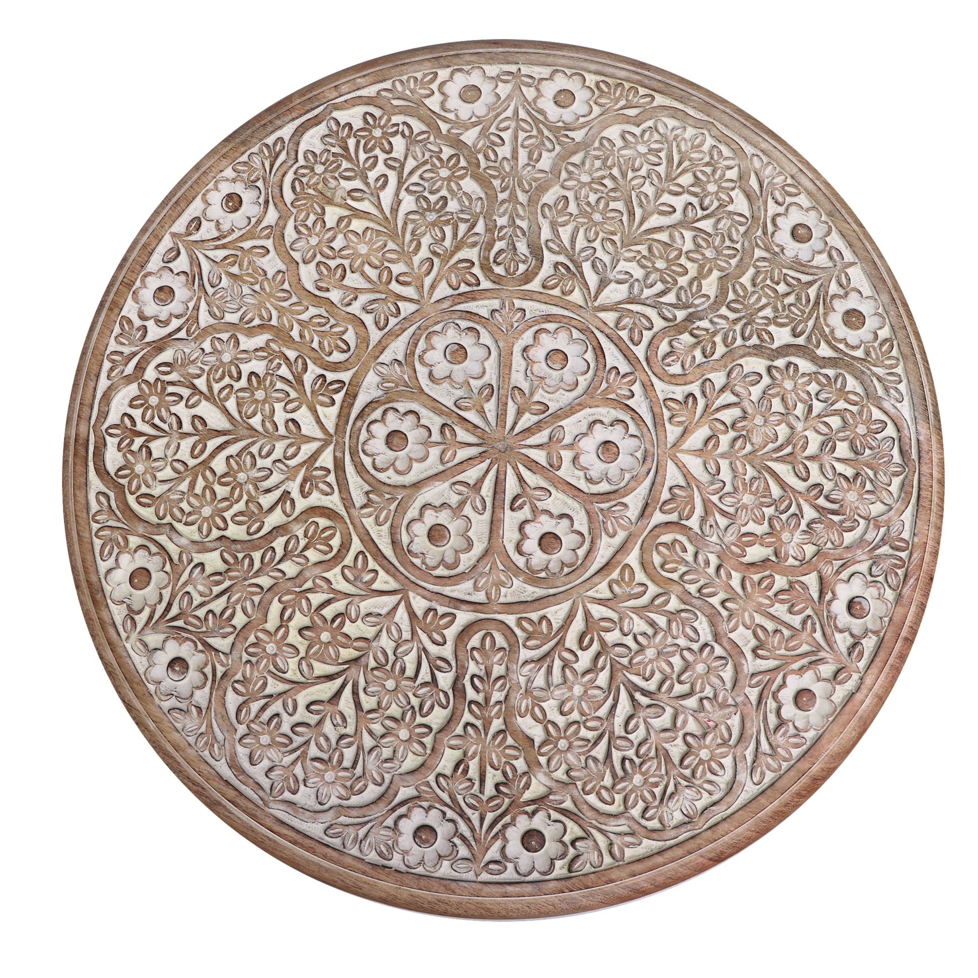 Mesh Cut Out Carved Mango Wood Octagonal Folding Table With Round Top, Antique White And Brown Brown White Solid Wood