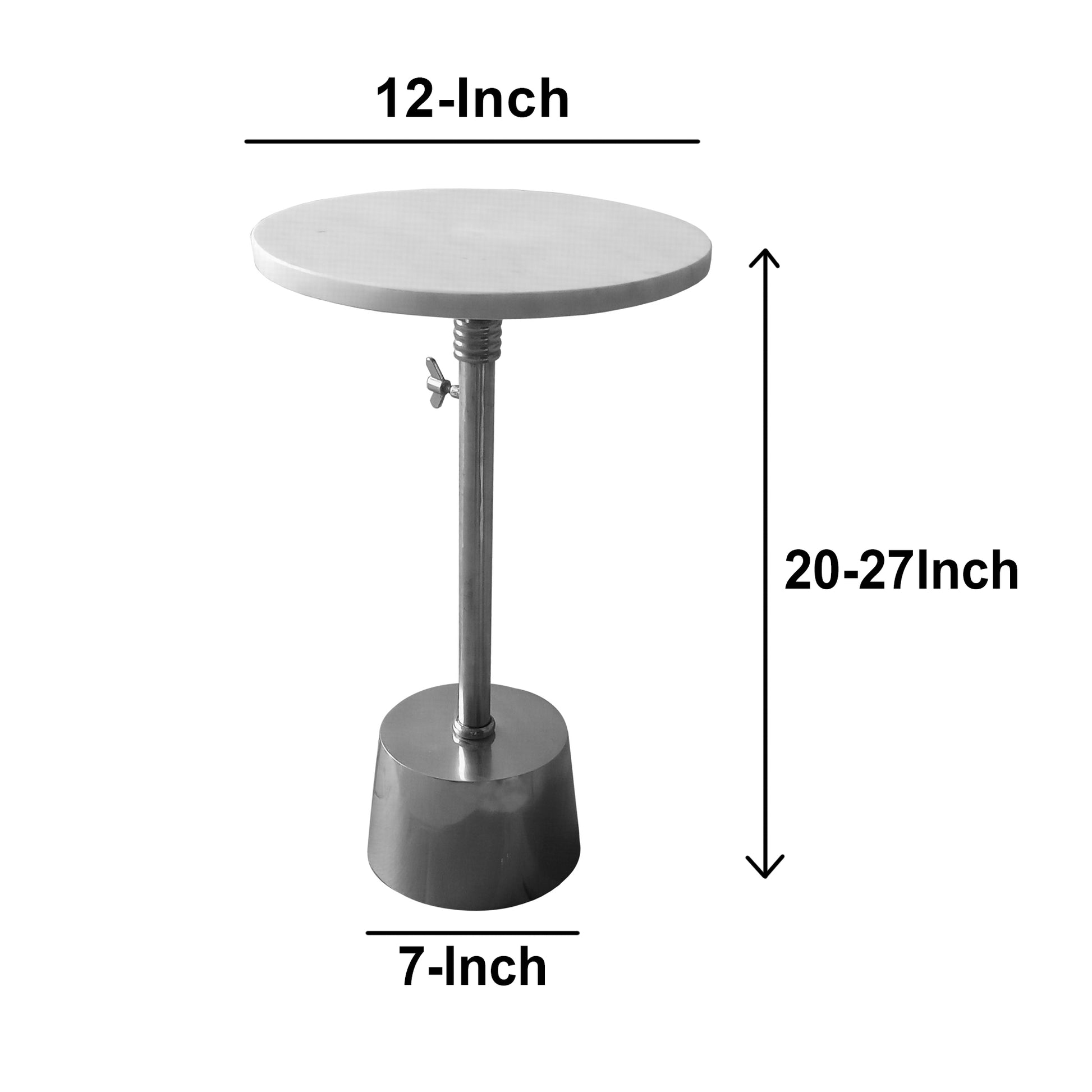 Aluminum Frame Round Side Table With Marble Top And Adjustable Height, White And Silver White Aluminum