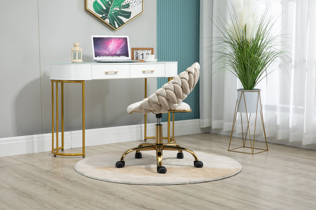 Coolmore Computer Chair Office Chair Adjustable Swivel Chair Fabric Seat Home Study Chair Ivory Polyester