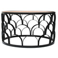 32 Inch Round Coffee Table, Mango Wood Top, Lattice Cut Out Metal Frame, Brown, Black Walnut Black Metal & Wood