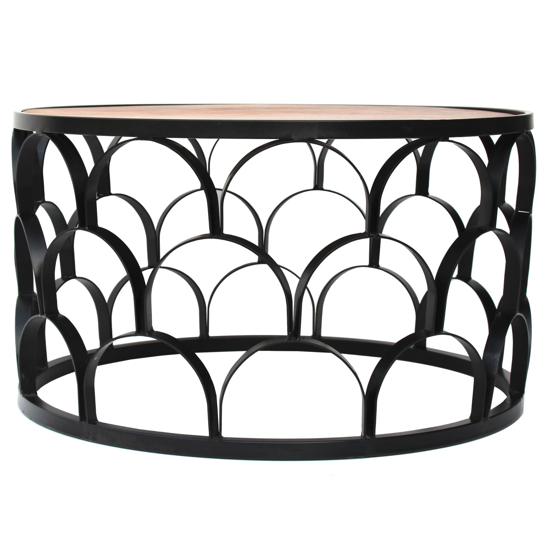 32 Inch Round Coffee Table, Mango Wood Top, Lattice Cut Out Metal Frame, Brown, Black Walnut Black Metal & Wood