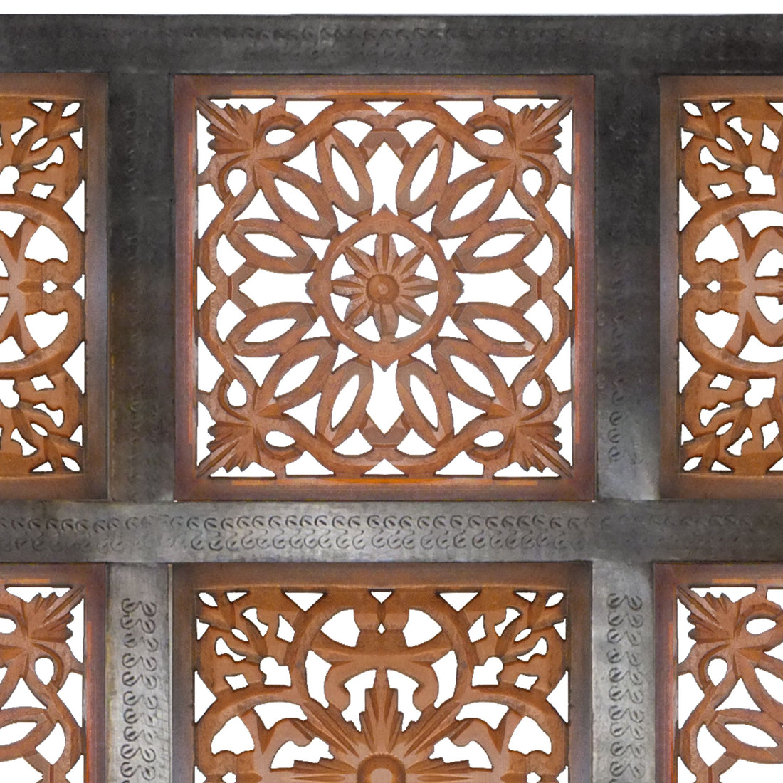 Decorative Mango Wood Wall Panel With Cutout Flower Pattern, Brown Brown Metal & Wood