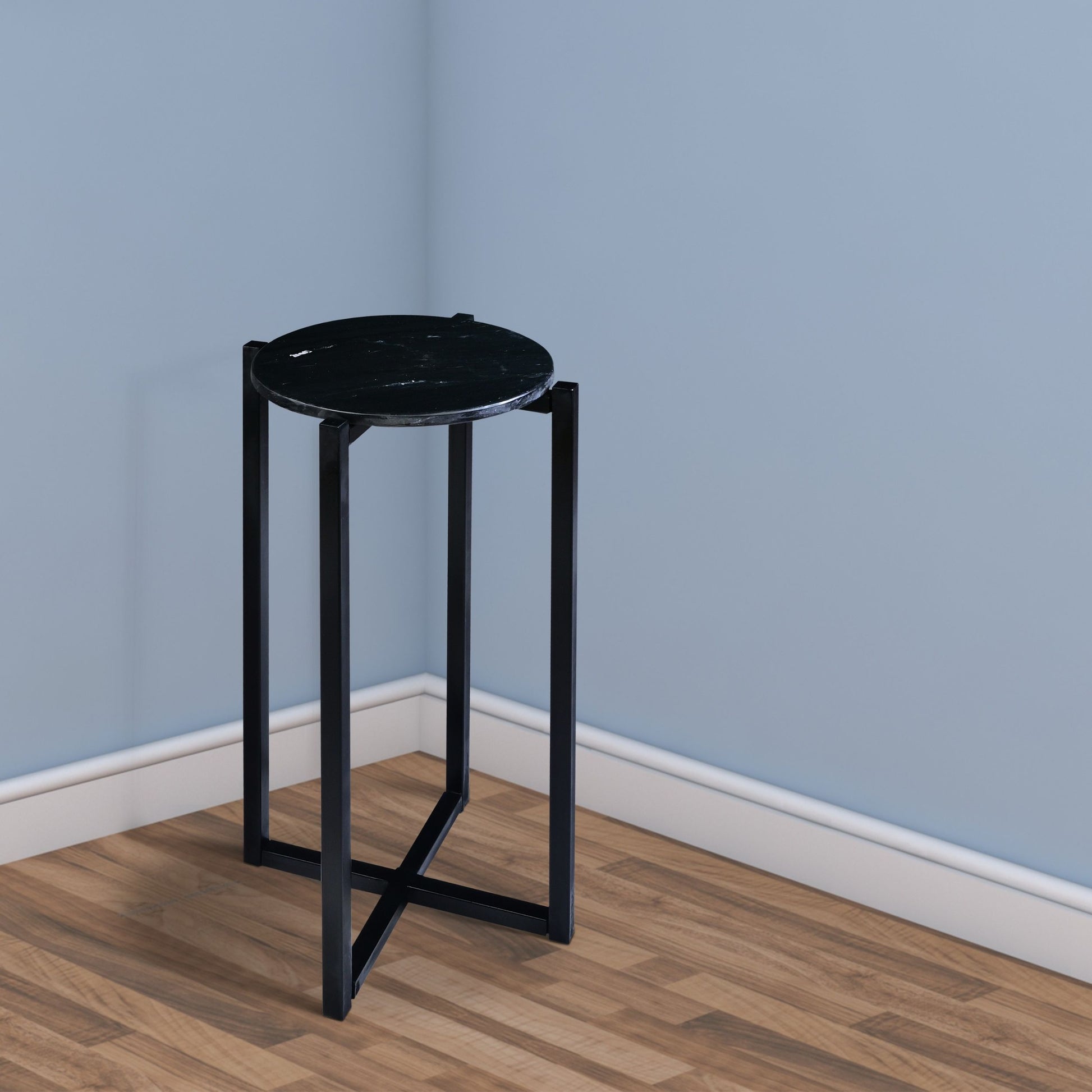 Ivy 24.5 Inch Round Marble Top Accent Side Table With Metal Frame, Black Black Iron
