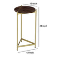 Brita 12 Inch Cocktail Accent Table, Round Wood Top, Triangular Gold Base, Brown, Brass Golden White Metal & Wood