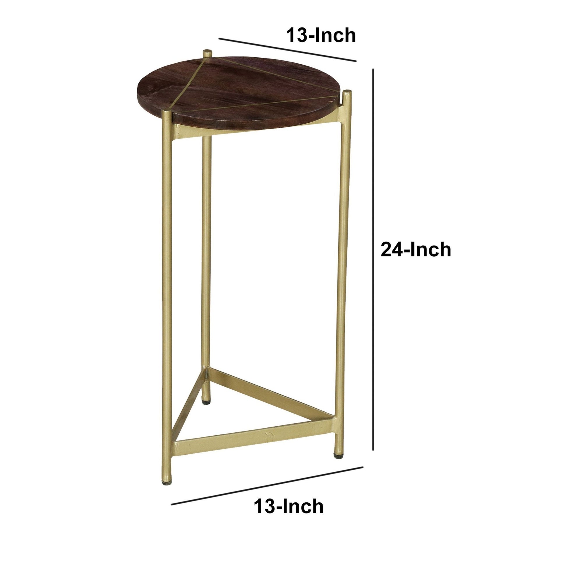 Brita 12 Inch Cocktail Accent Table, Round Wood Top, Triangular Gold Base, Brown, Brass Golden White Metal & Wood