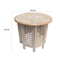 Mesh Cut Out Carved Mango Wood Octagonal Folding Table With Round Top, Antique White And Brown Brown White Solid Wood
