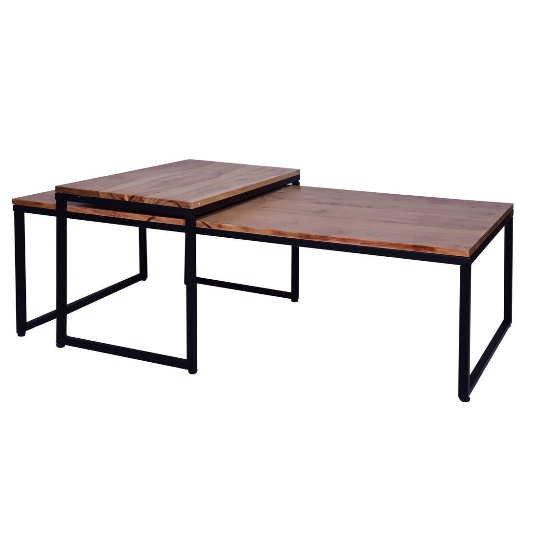48, 27 Inch 2 Piece Rectangular Wood Nesting Coffee And End Table Set, Sled Metal Base, Brown, Black Walnut Black Metal & Wood