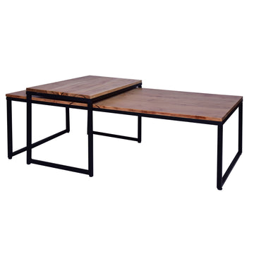 48, 27 Inch 2 Piece Rectangular Wood Nesting Coffee And End Table Set, Sled Metal Base, Brown, Black Walnut Black Metal & Wood