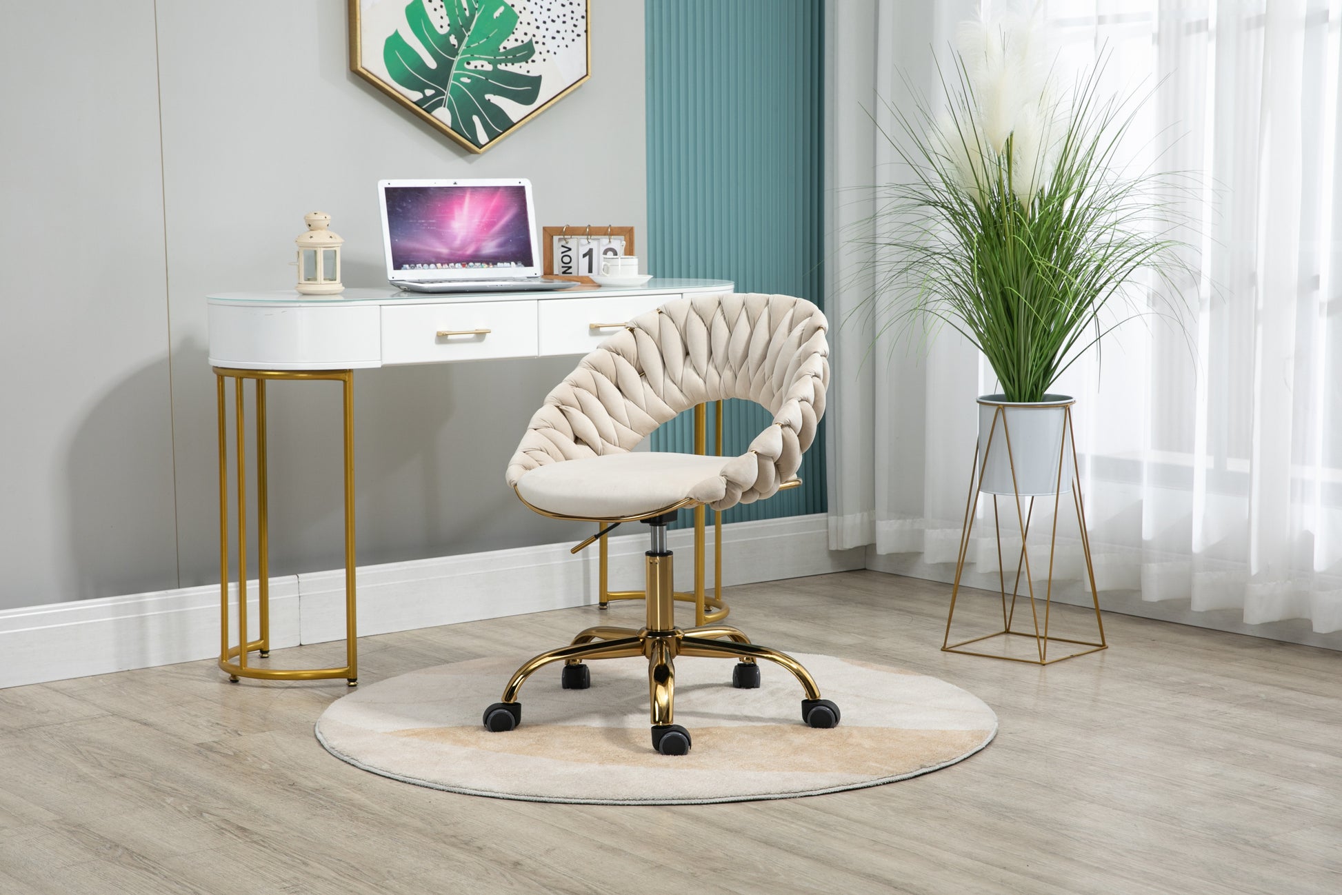 Coolmore Computer Chair Office Chair Adjustable Swivel Chair Fabric Seat Home Study Chair Ivory Polyester