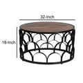 32 Inch Round Coffee Table, Mango Wood Top, Lattice Cut Out Metal Frame, Brown, Black Walnut Black Metal & Wood