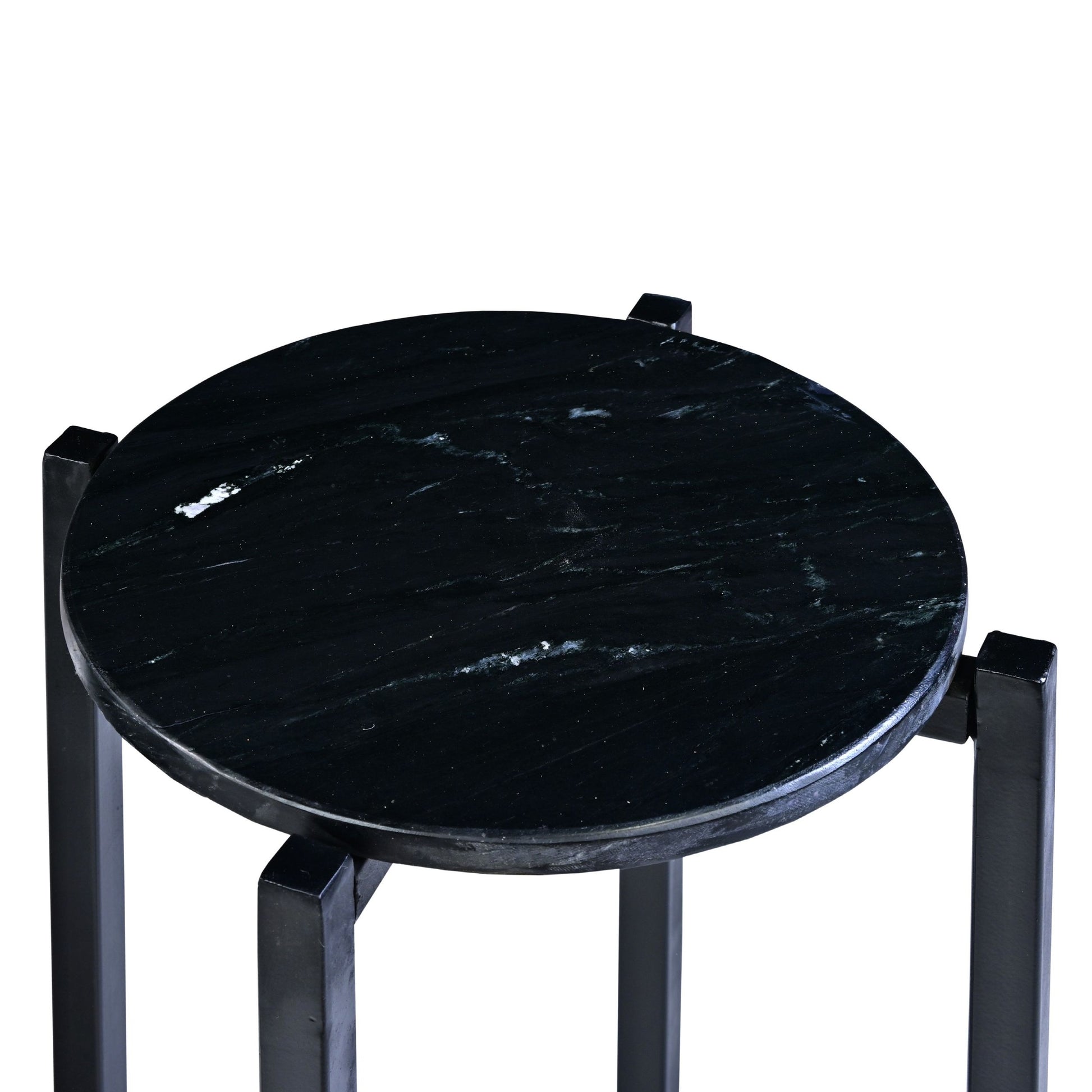 Ivy 24.5 Inch Round Marble Top Accent Side Table With Metal Frame, Black Black Iron