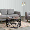 32 Inch Round Coffee Table, Mango Wood Top, Lattice Cut Out Metal Frame, Brown, Black Walnut Black Metal & Wood
