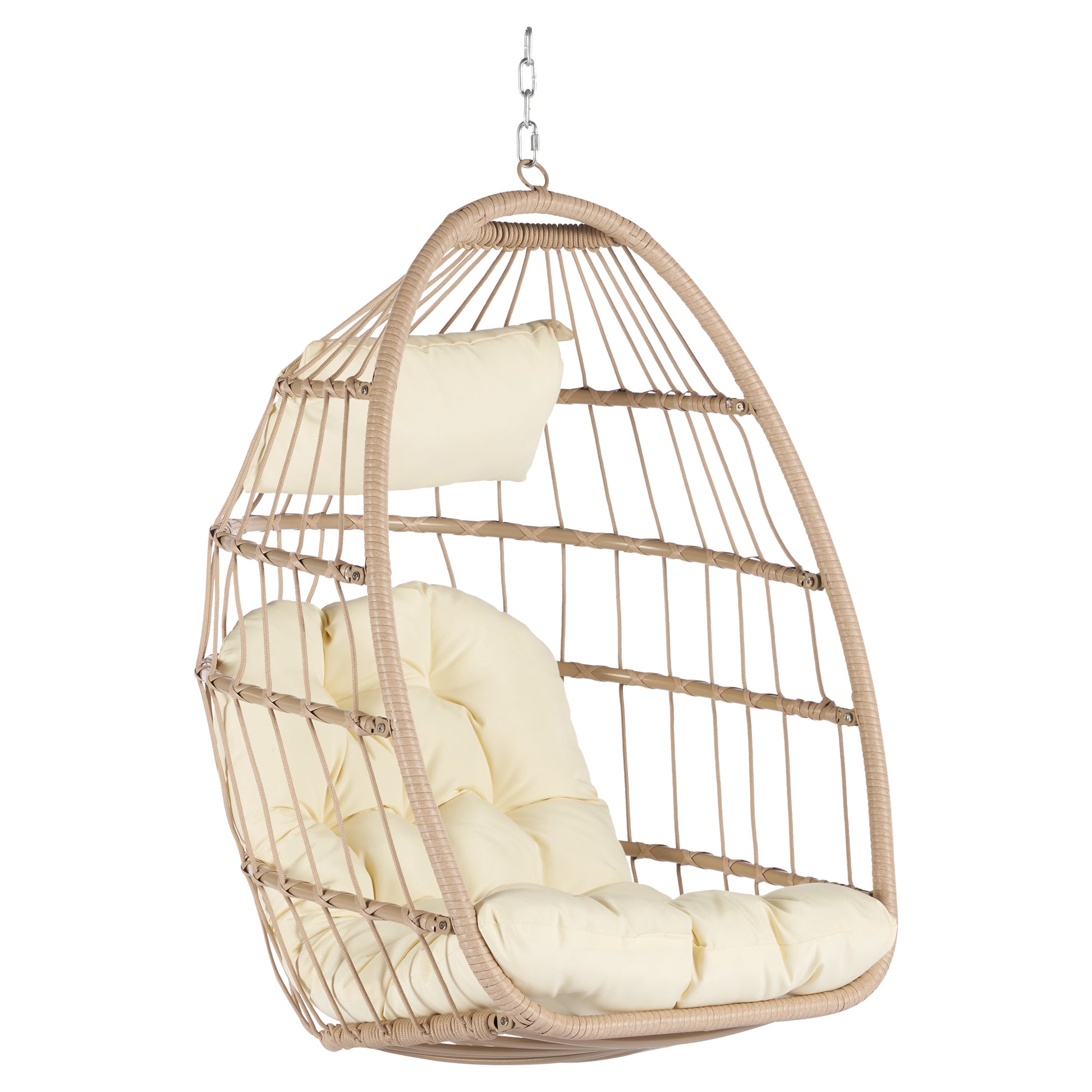Outdoor Garden Rattan Egg Swing Chair Hanging Chair Wood Khaki Yes Sectional Khaki Uv Resistant Frame Water Resistant Cushion Garden & Outdoor American Design Complete Patio Sets Polypropylene