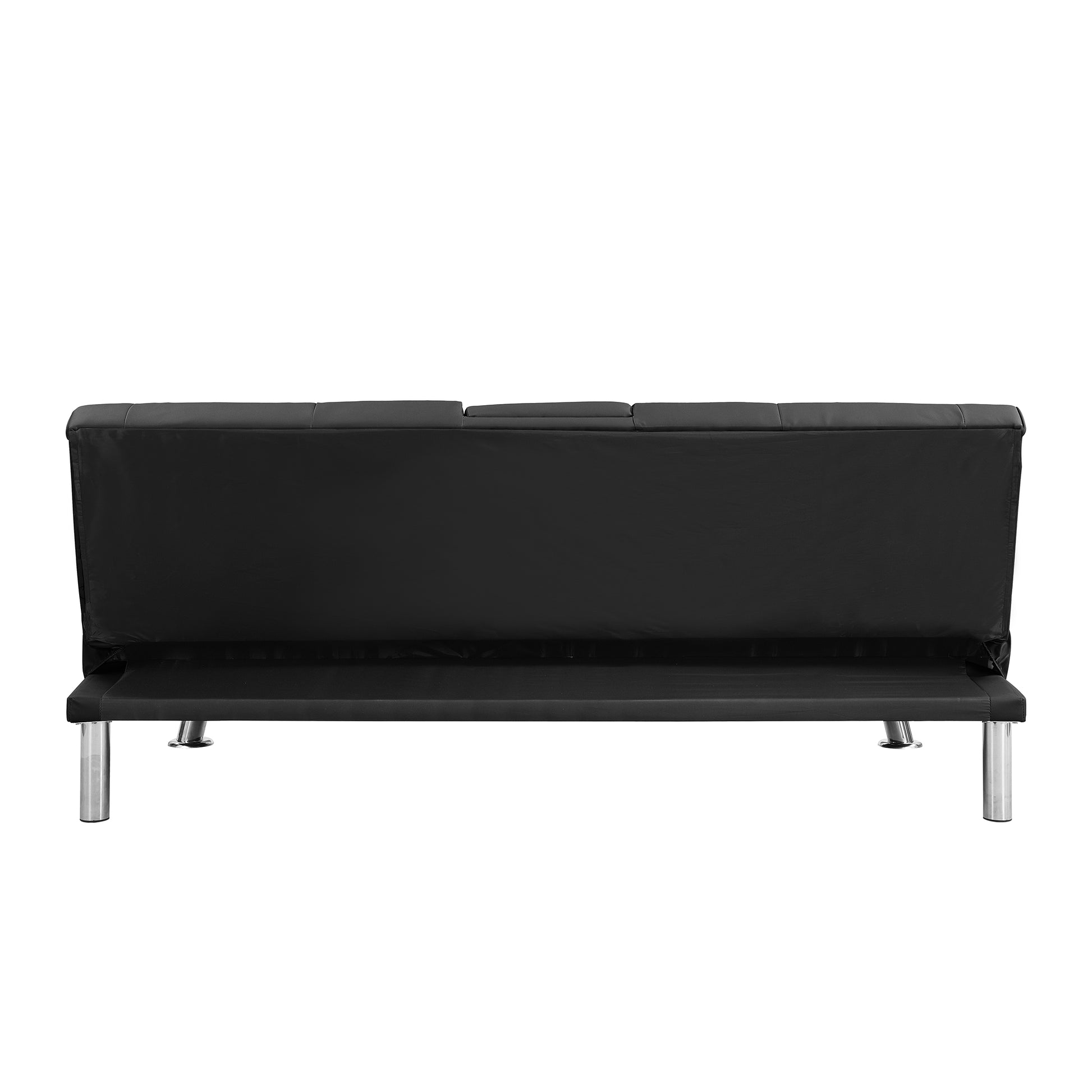 Sofa Bed With Armrest Two Holders Wood Frame, Stainless Leg, Futon Black Pvc Black Leather