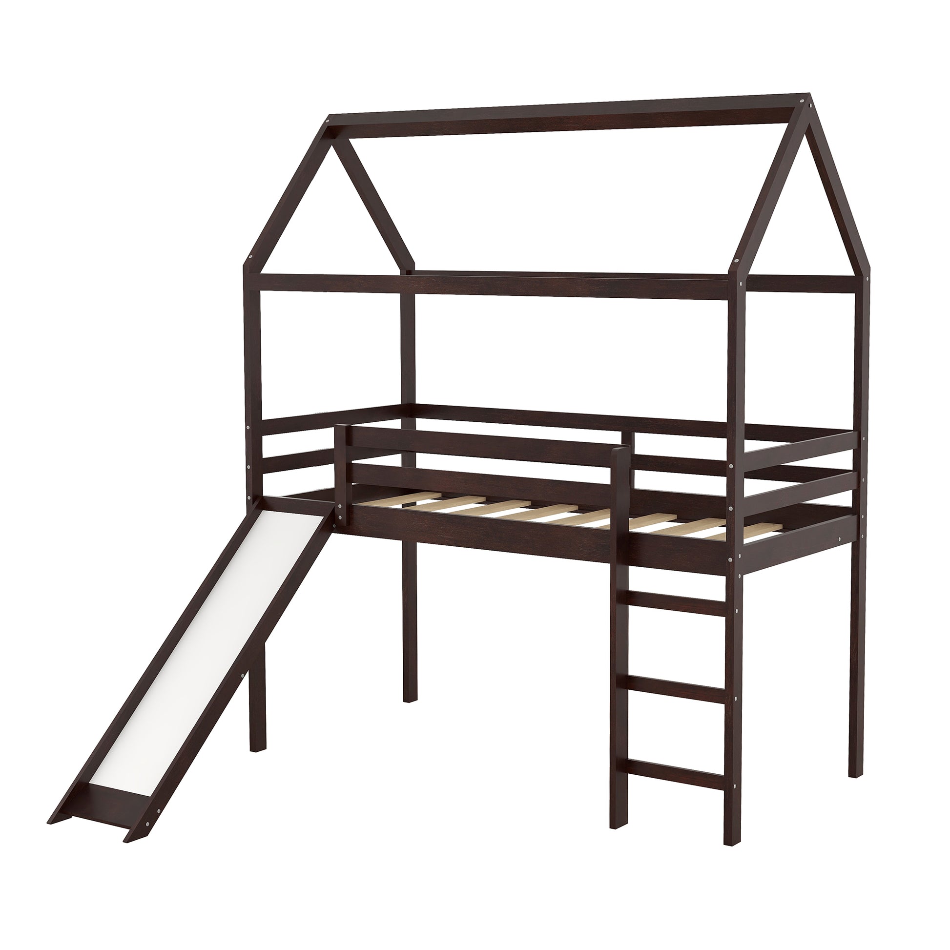 Twin Loft Bed With Slide, House Bed With Slide,Espresso Old Sku :Wf286245Aap Twin Espresso Solid Wood