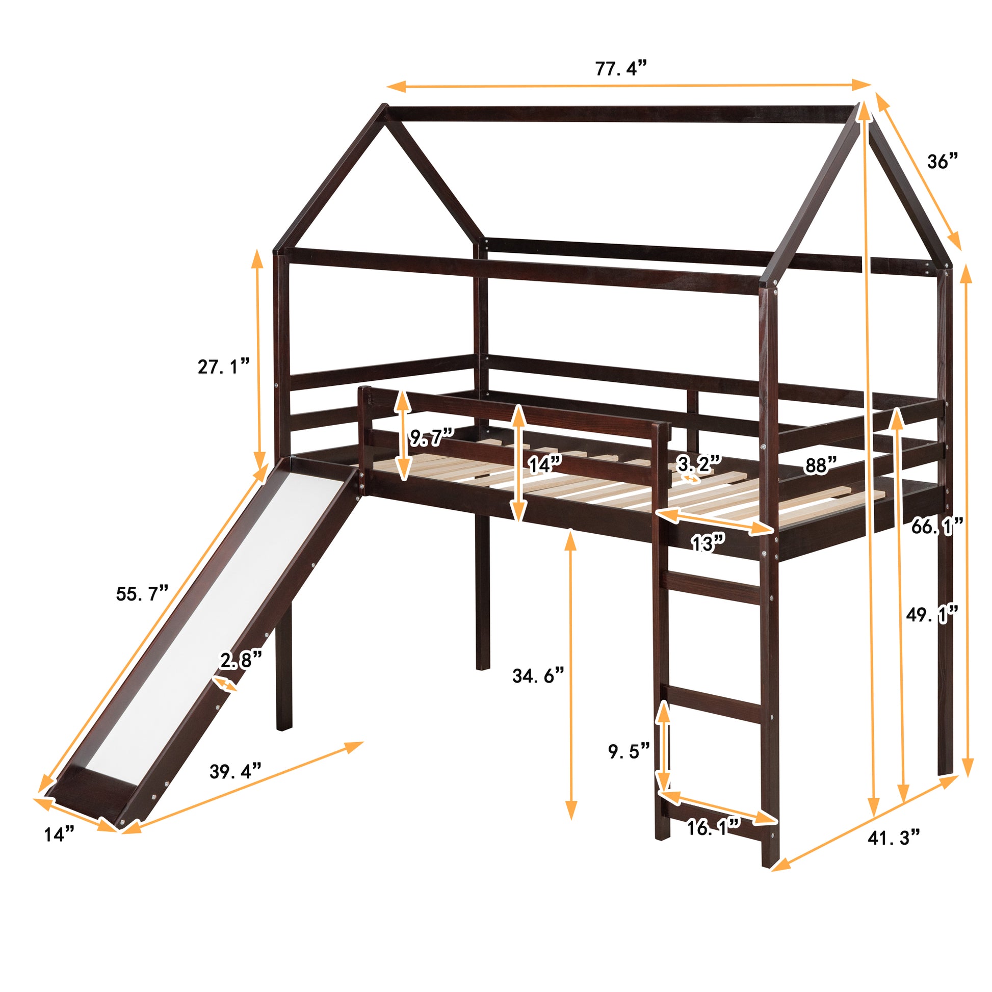 Twin Loft Bed With Slide, House Bed With Slide,Espresso Old Sku :Wf286245Aap Twin Espresso Solid Wood