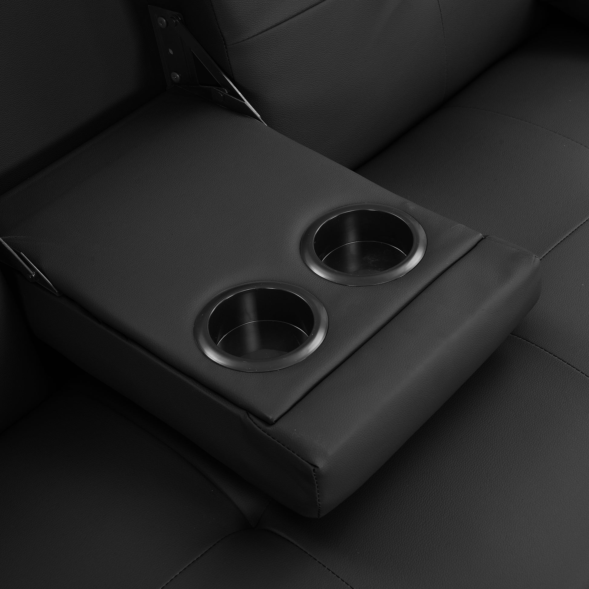 Sofa Bed With Armrest Two Holders Wood Frame, Stainless Leg, Futon Black Pvc Black Leather