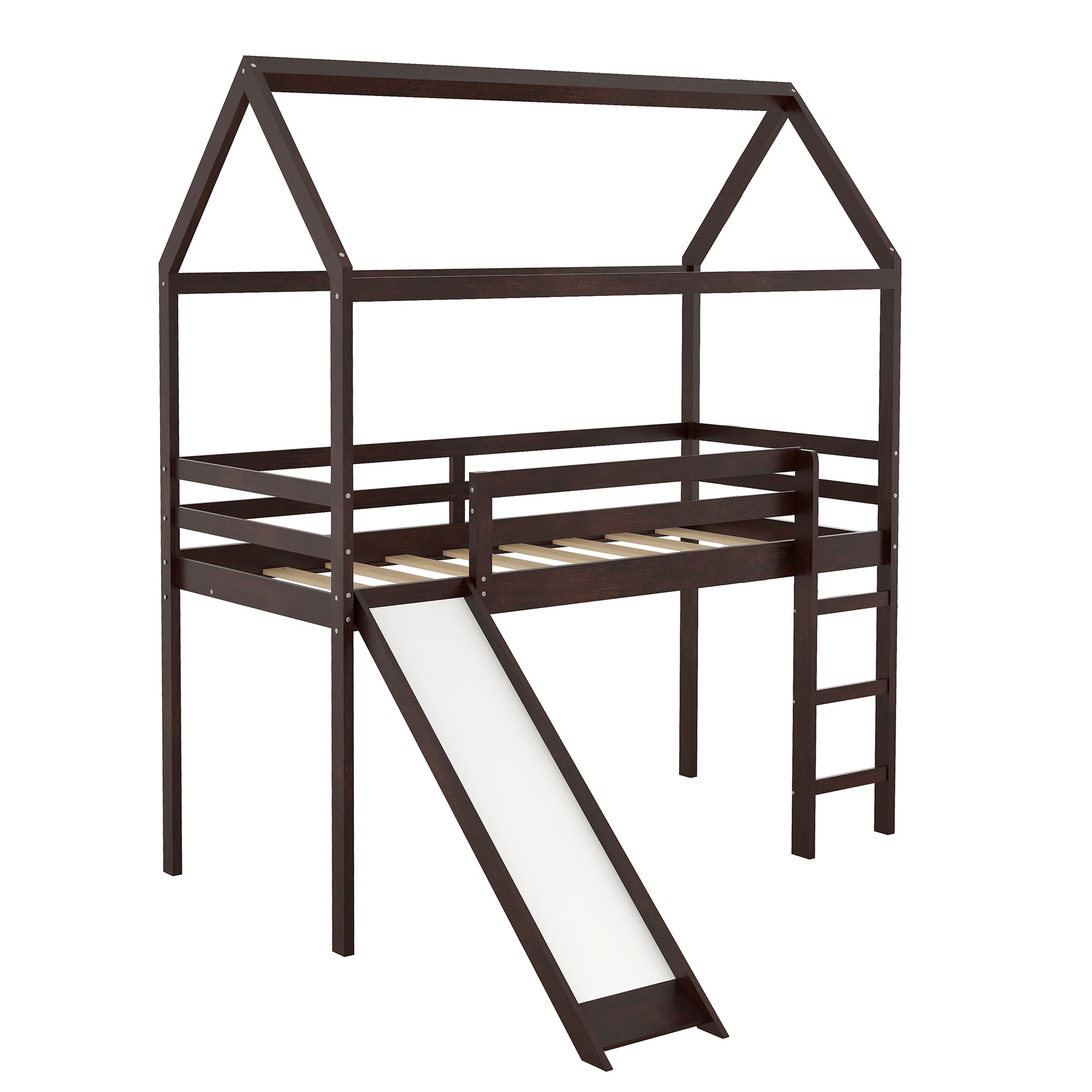 Twin Loft Bed With Slide, House Bed With Slide,Espresso Old Sku :Wf286245Aap Twin Espresso Solid Wood