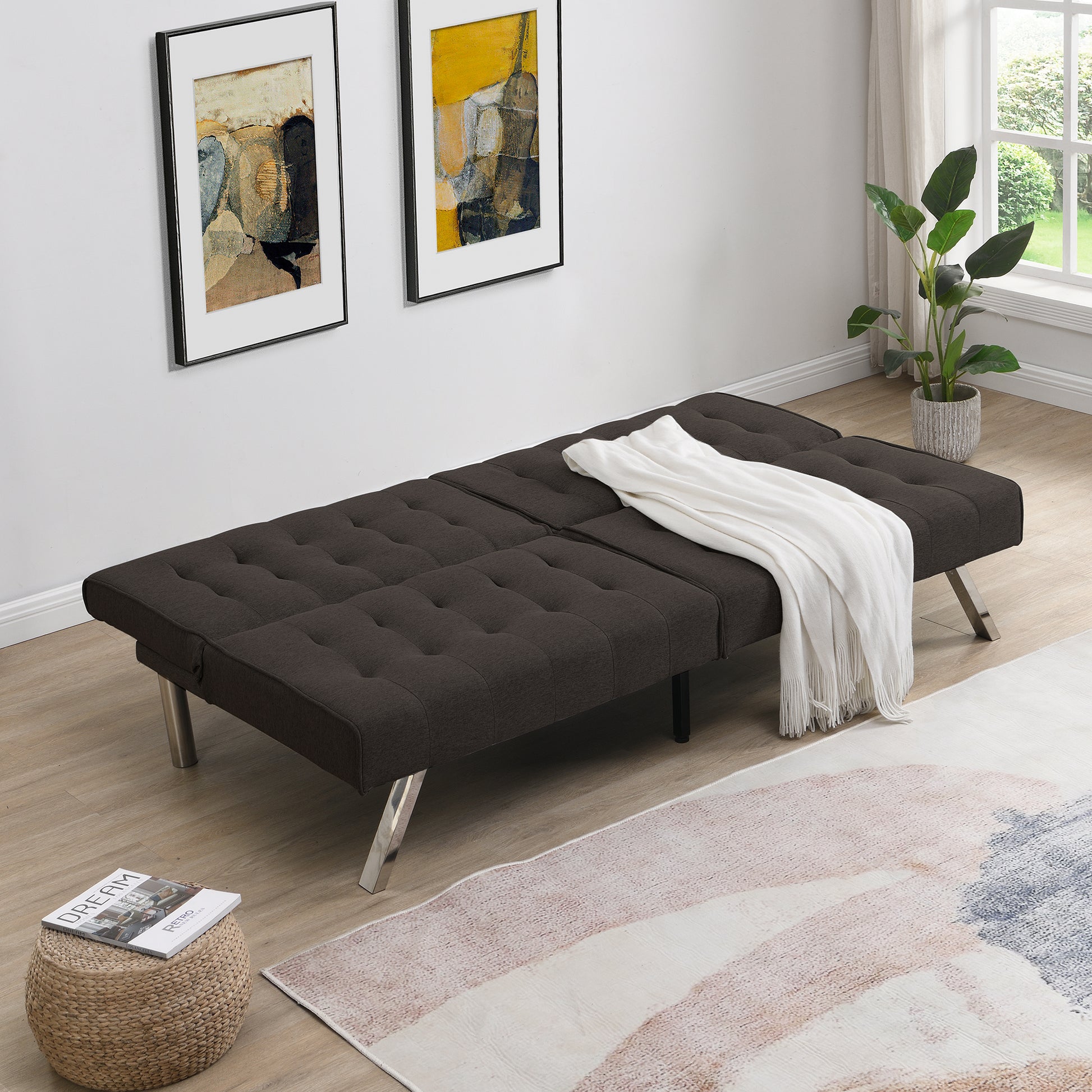 Wood Frame, Stainless Leg, Futon, Sofa Bed Espresso Espresso Fabric