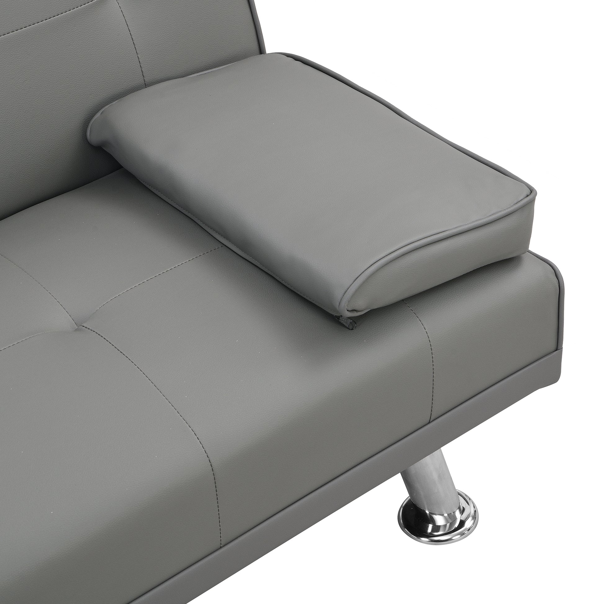 Sofa Bed With Armrest Two Holders Wood Frame, Stainless Leg, Futon Grey Pvc Grey Leather