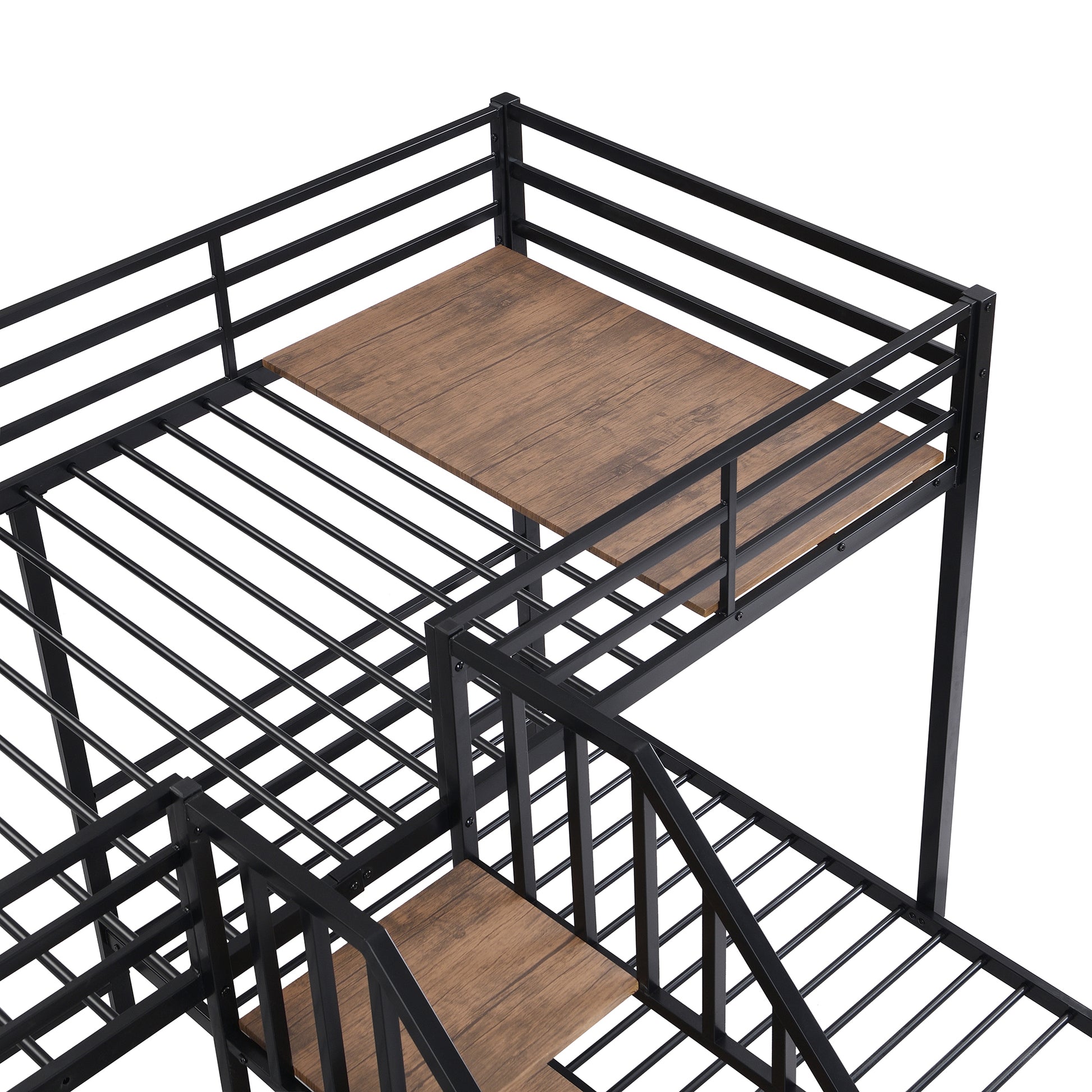 Metal Twin Over Twin & Twin Bunk Bed, Triple Bunk Bed With Storage Shelves Staircase, Black Twin Black Metal & Wood