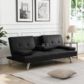 Sofa Bed With Armrest Two Holders Wood Frame, Stainless Leg, Futon Black Pvc Black Leather