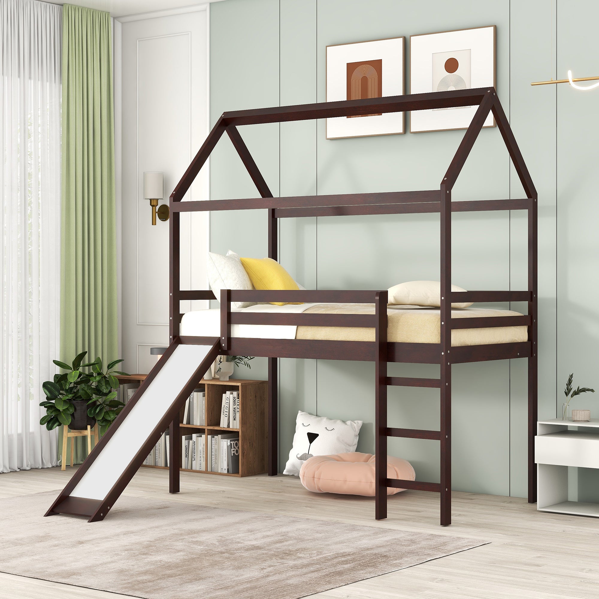 Twin Loft Bed With Slide, House Bed With Slide,Espresso Old Sku :Wf286245Aap Twin Espresso Solid Wood