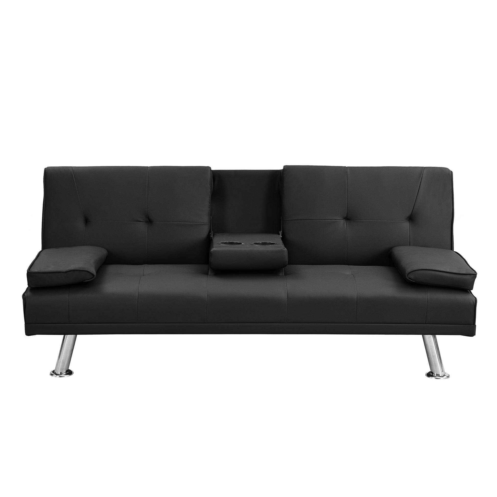 Sofa Bed With Armrest Two Holders Wood Frame, Stainless Leg, Futon Black Pvc Black Leather