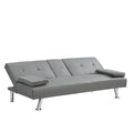 Sofa Bed With Armrest Two Holders Wood Frame, Stainless Leg, Futon Grey Pvc Grey Leather