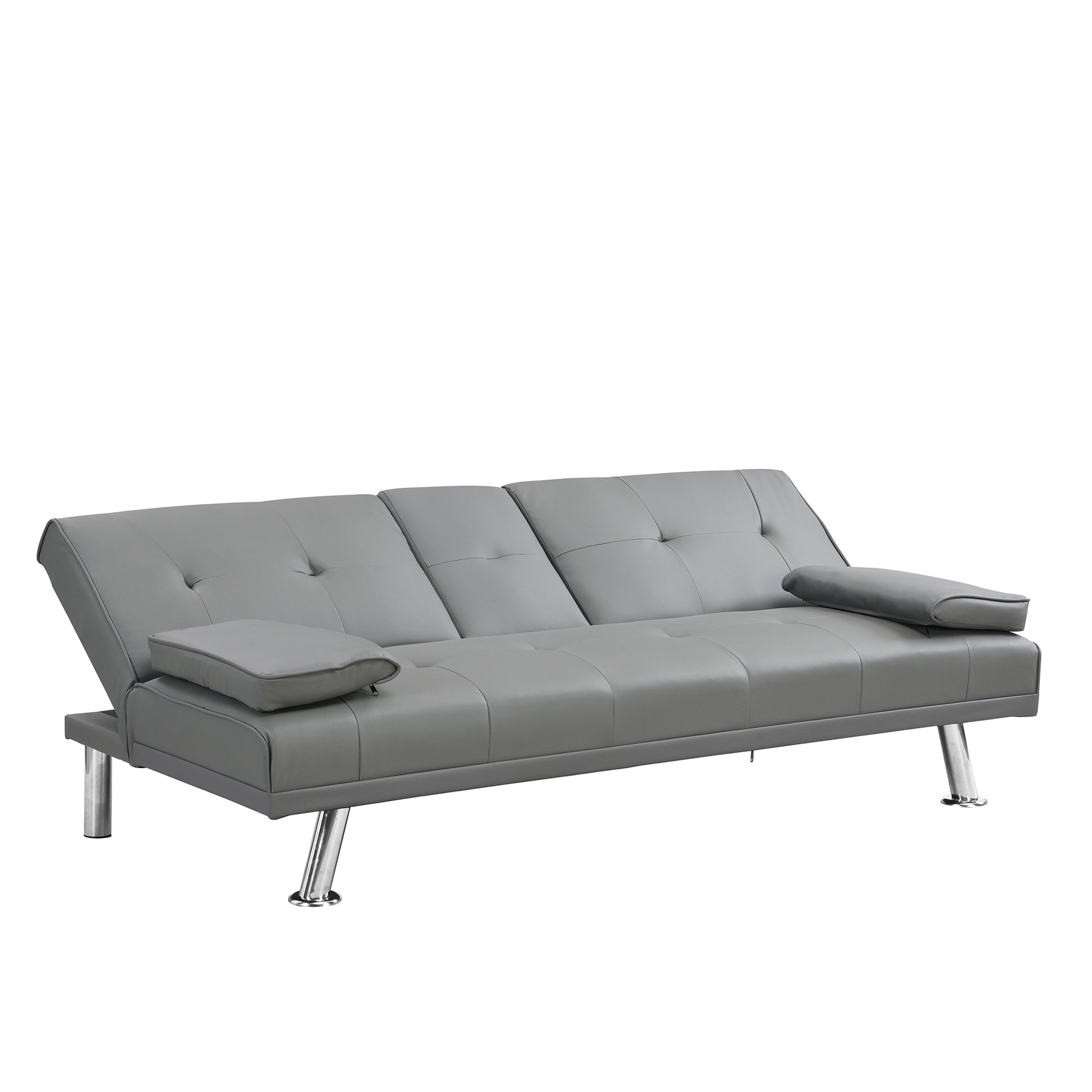 Sofa Bed With Armrest Two Holders Wood Frame, Stainless Leg, Futon Grey Pvc Grey Leather