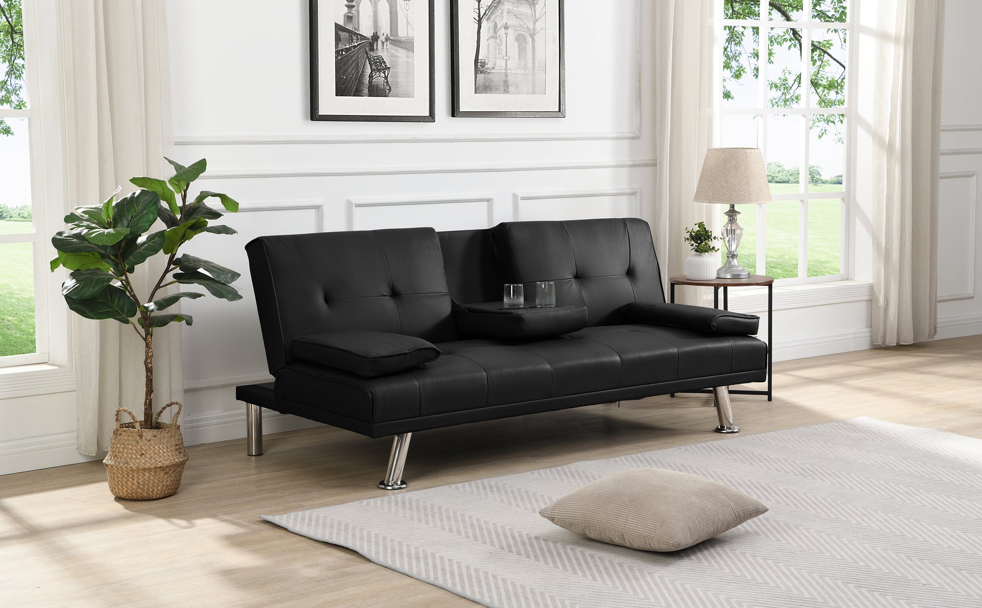 Sofa Bed With Armrest Two Holders Wood Frame, Stainless Leg, Futon Black Pvc Black Leather
