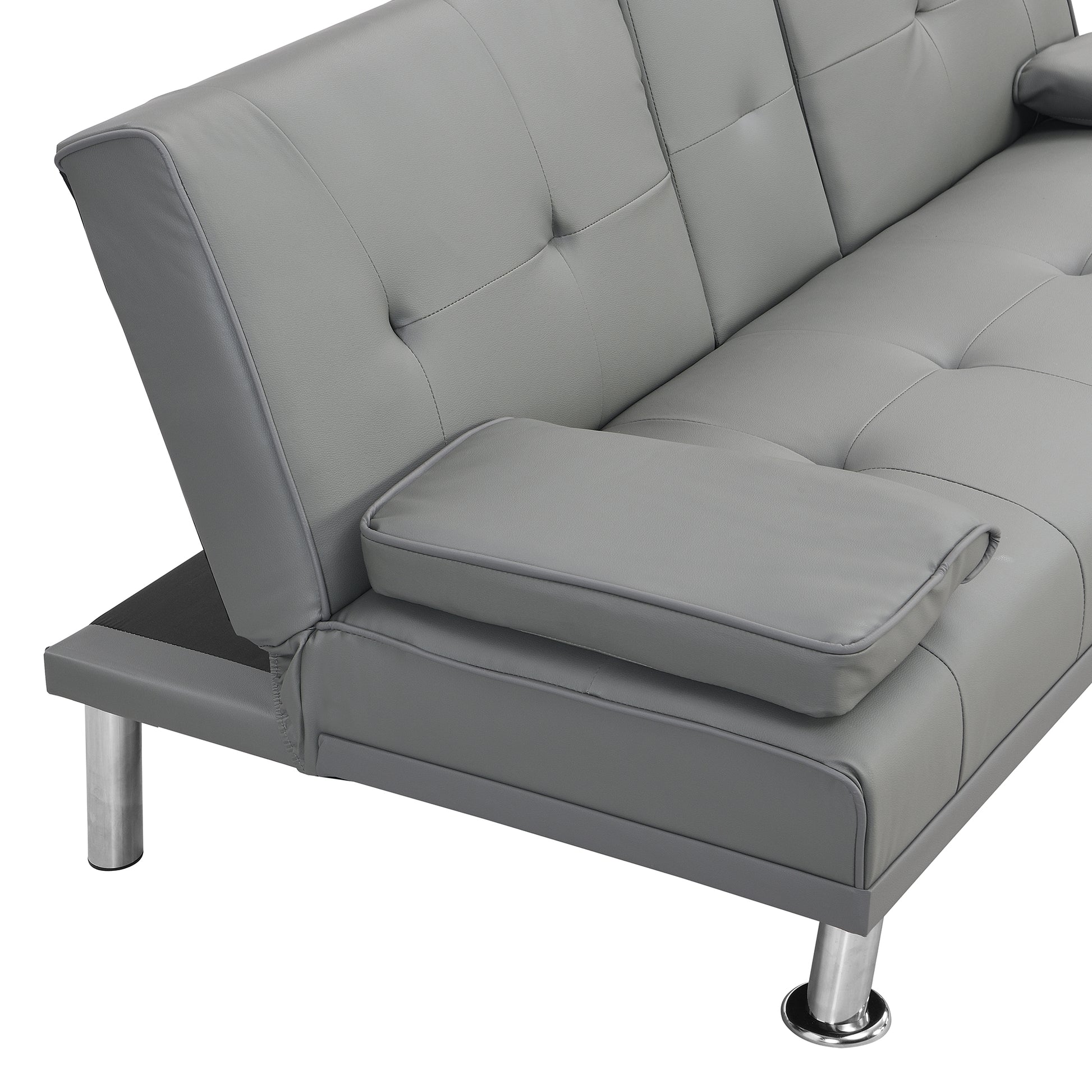 Sofa Bed With Armrest Two Holders Wood Frame, Stainless Leg, Futon Grey Pvc Grey Leather