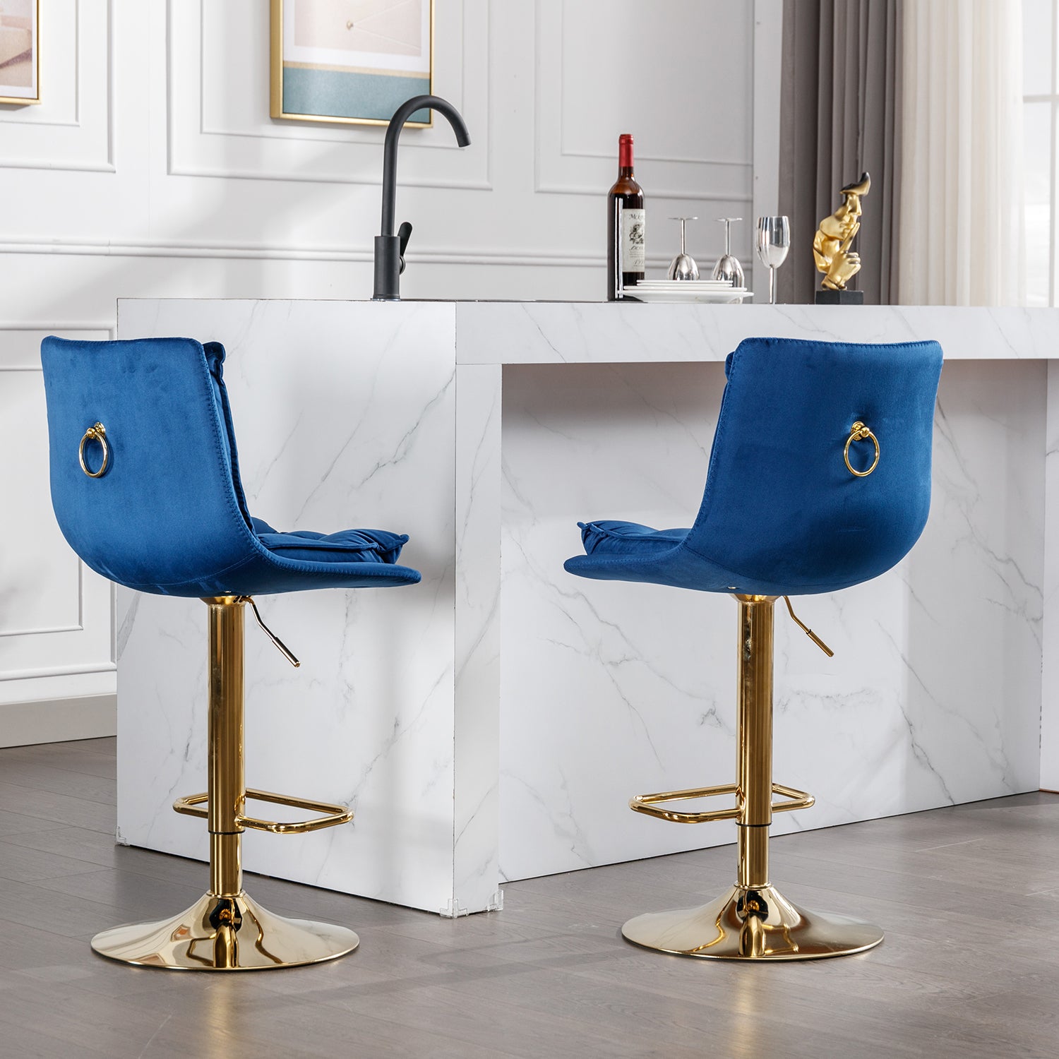 Set Of 2 Bar Stools,With Chrome Footrest And Base Swivel Height Adjustable Mechanical Lifting Velvet Golden Leg Simple Bar Stoo,Blue Blue Foam Fabric