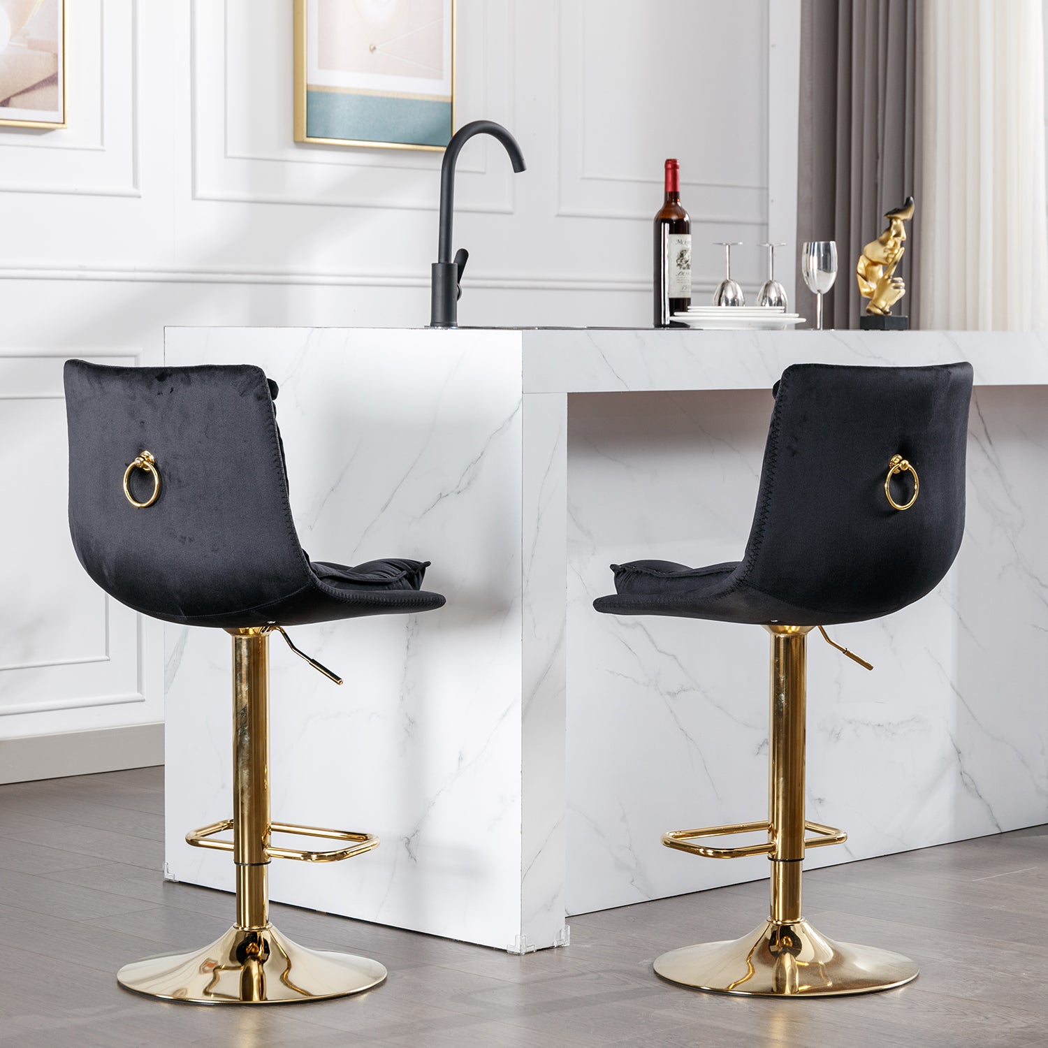 Set Of 2 Bar Stools,With Chrome Footrest And Base Swivel Height Adjustable Mechanical Lifting Velvet Golden Leg Simple Bar Stoo,Black Black Foam Fabric